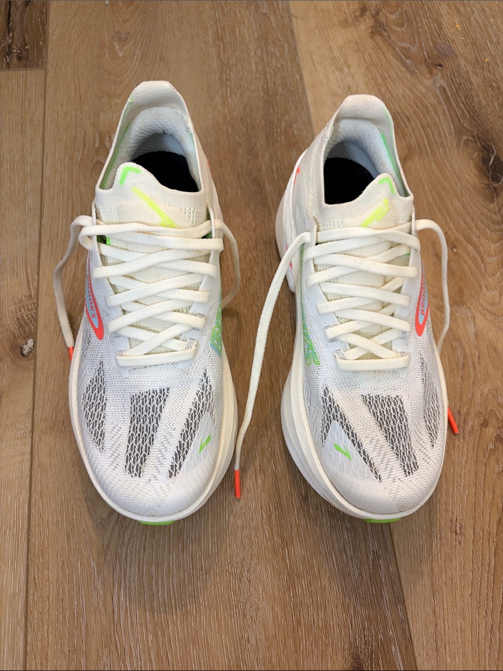 Brooks Cream Running Shoes with Neon Green and Coral Accents